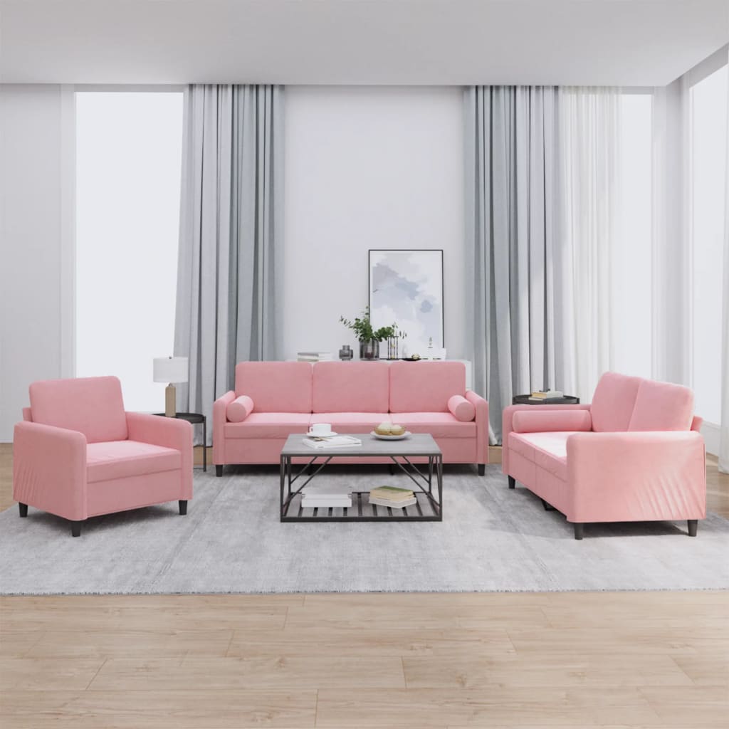 3-dijelni set sofa s jastucima ružičasti baršunasti