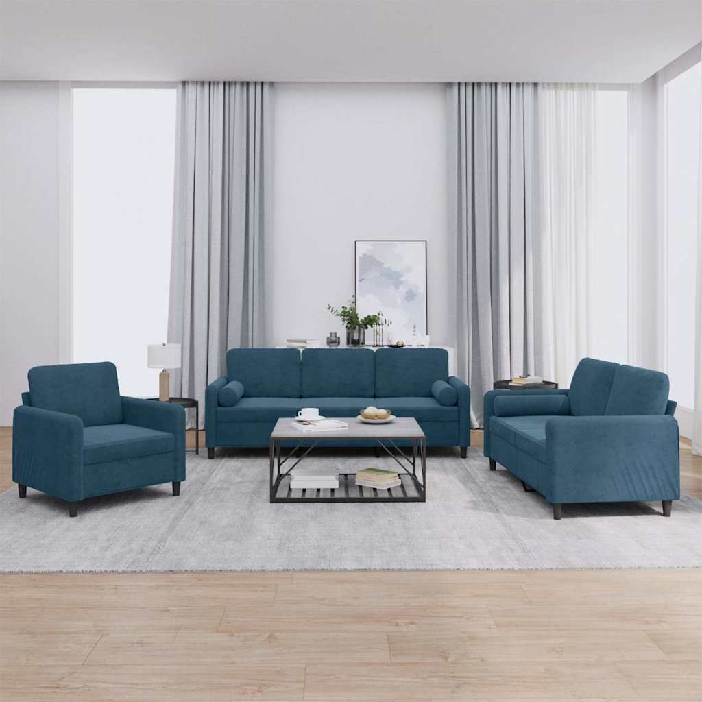 3-dijelni set sofa s jastucima plavi baršunasti