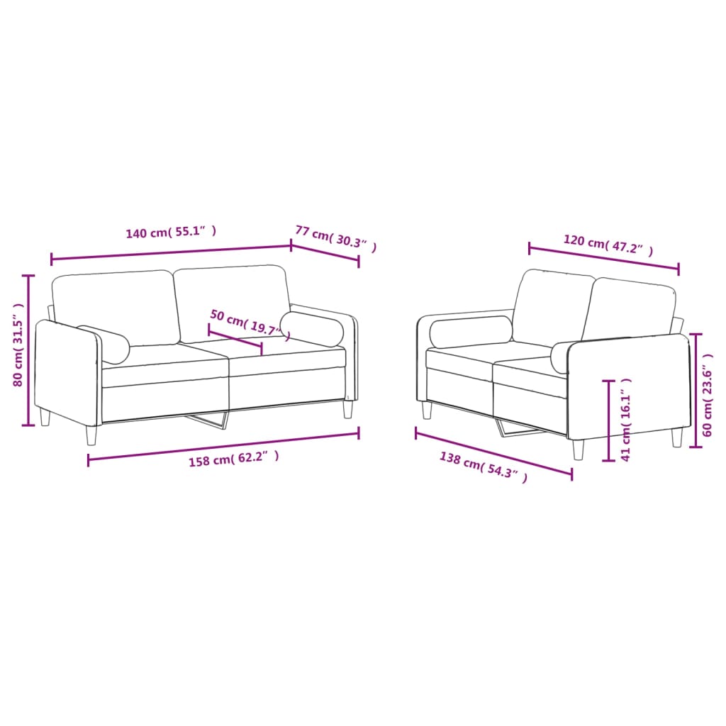 2-dijelni set sofa s jastucima krem baršunasti