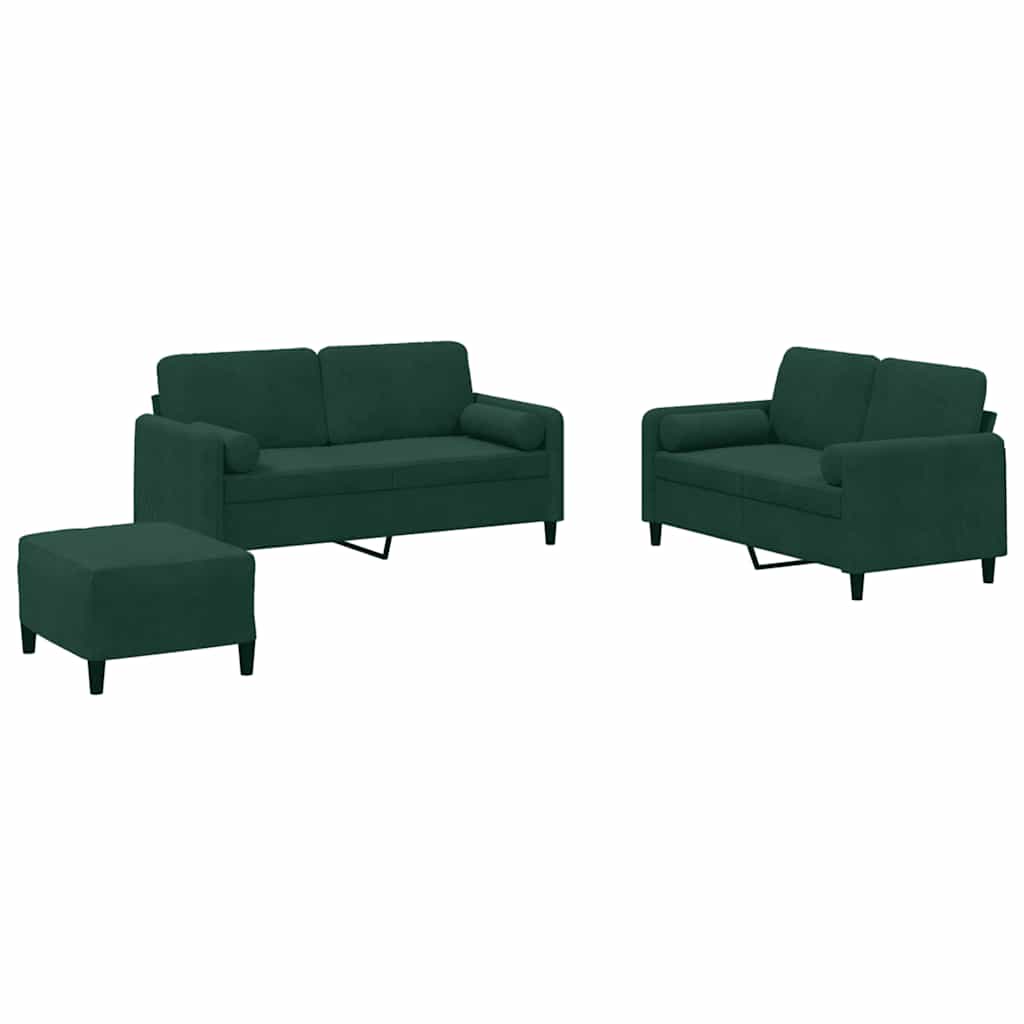 3-dijelni set sofa s jastucima tamnozeleni baršunasti