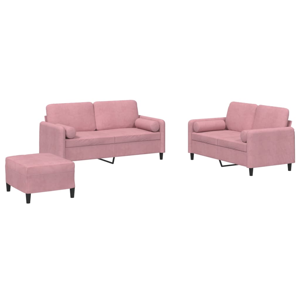 3-dijelni set sofa s jastucima ružičasti baršunasti