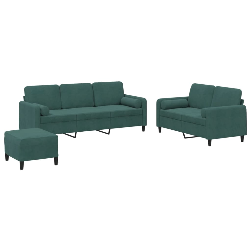 3-dijelni set sofa s jastucima tamnozeleni baršunasti