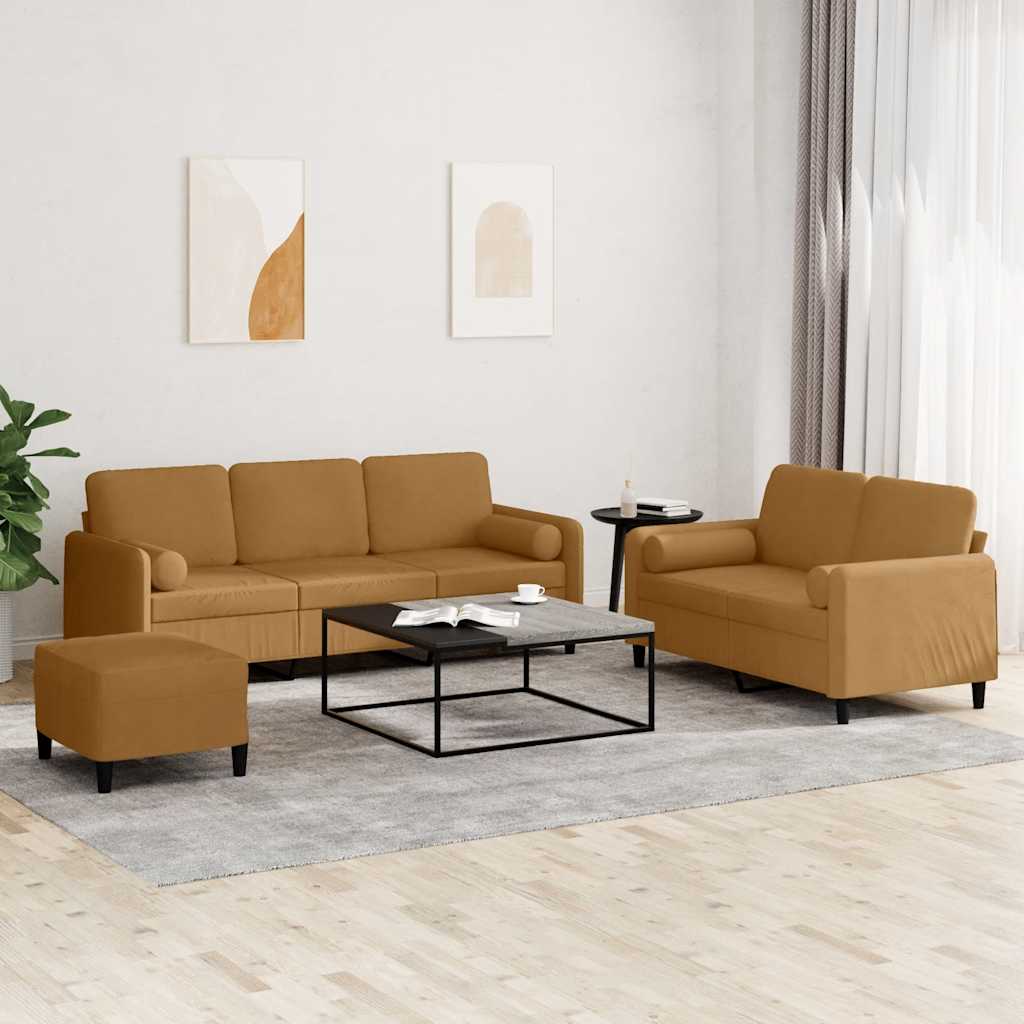 3-dijelni set sofa s jastucima smeđi baršunasti