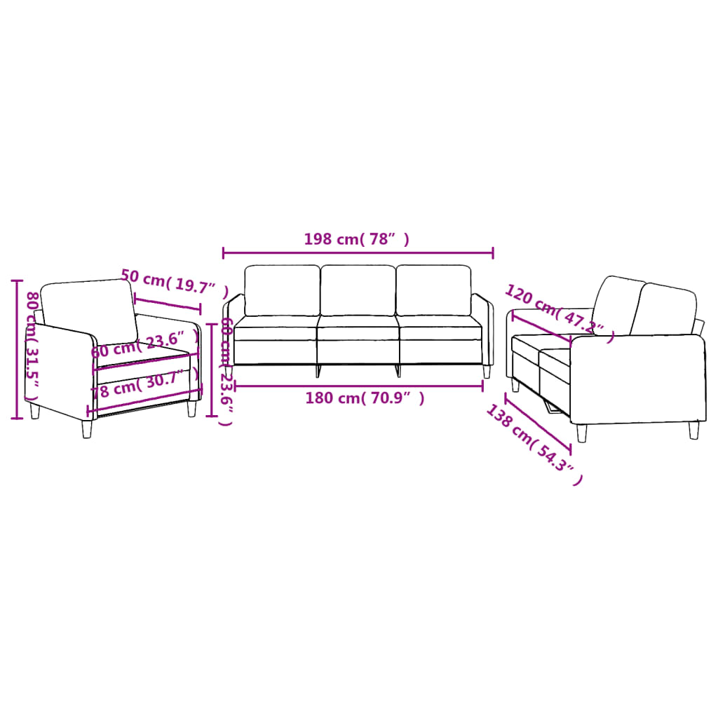 3-dijelni set sofa s jastucima krem od tkanine