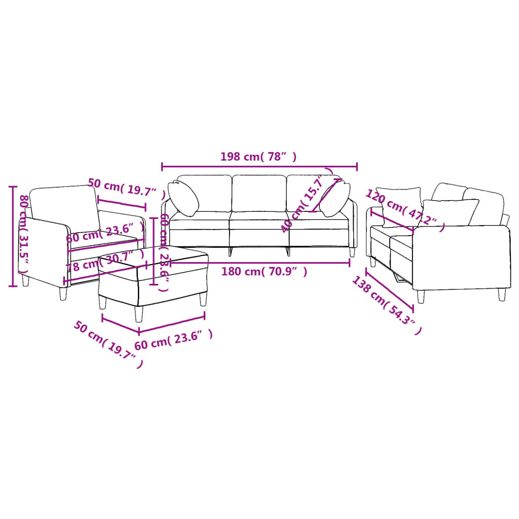 4-dijelni set sofa s jastucima svjetlosivi od tkanine
