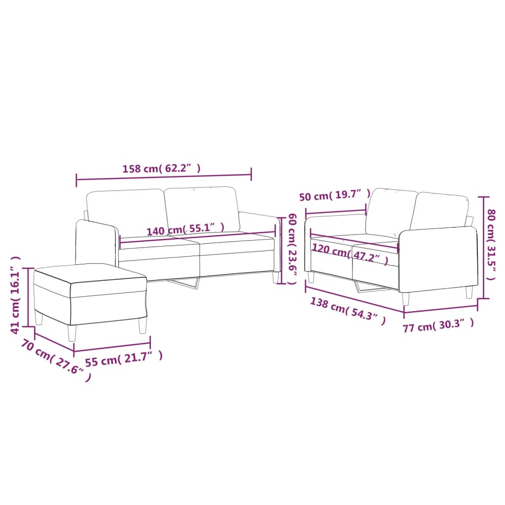 3-dijelni set sofa s jastucima krem od tkanine