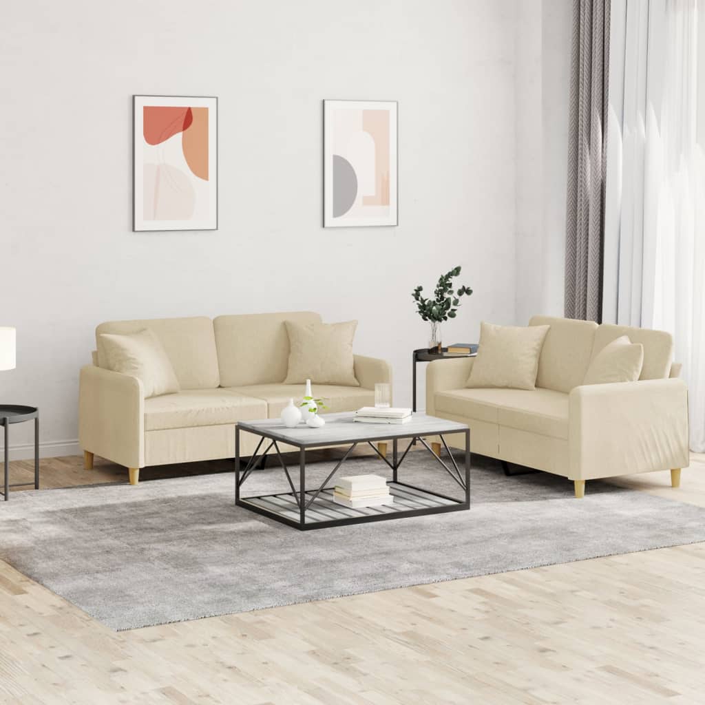2-dijelni set sofa s jastucima krem od tkanine