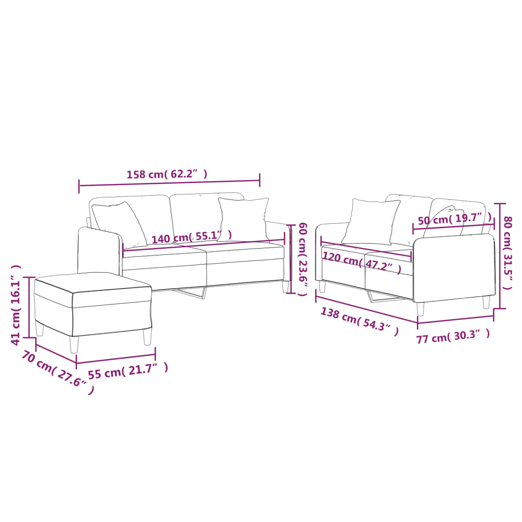 3-dijelni set sofa s jastucima svjetlosivi od tkanine