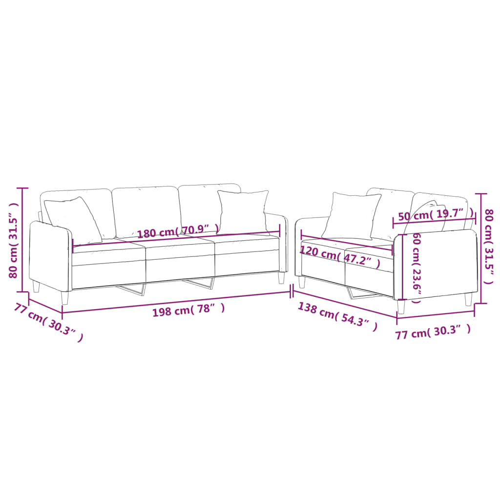 2-dijelni set sofa s jastucima krem od tkanine