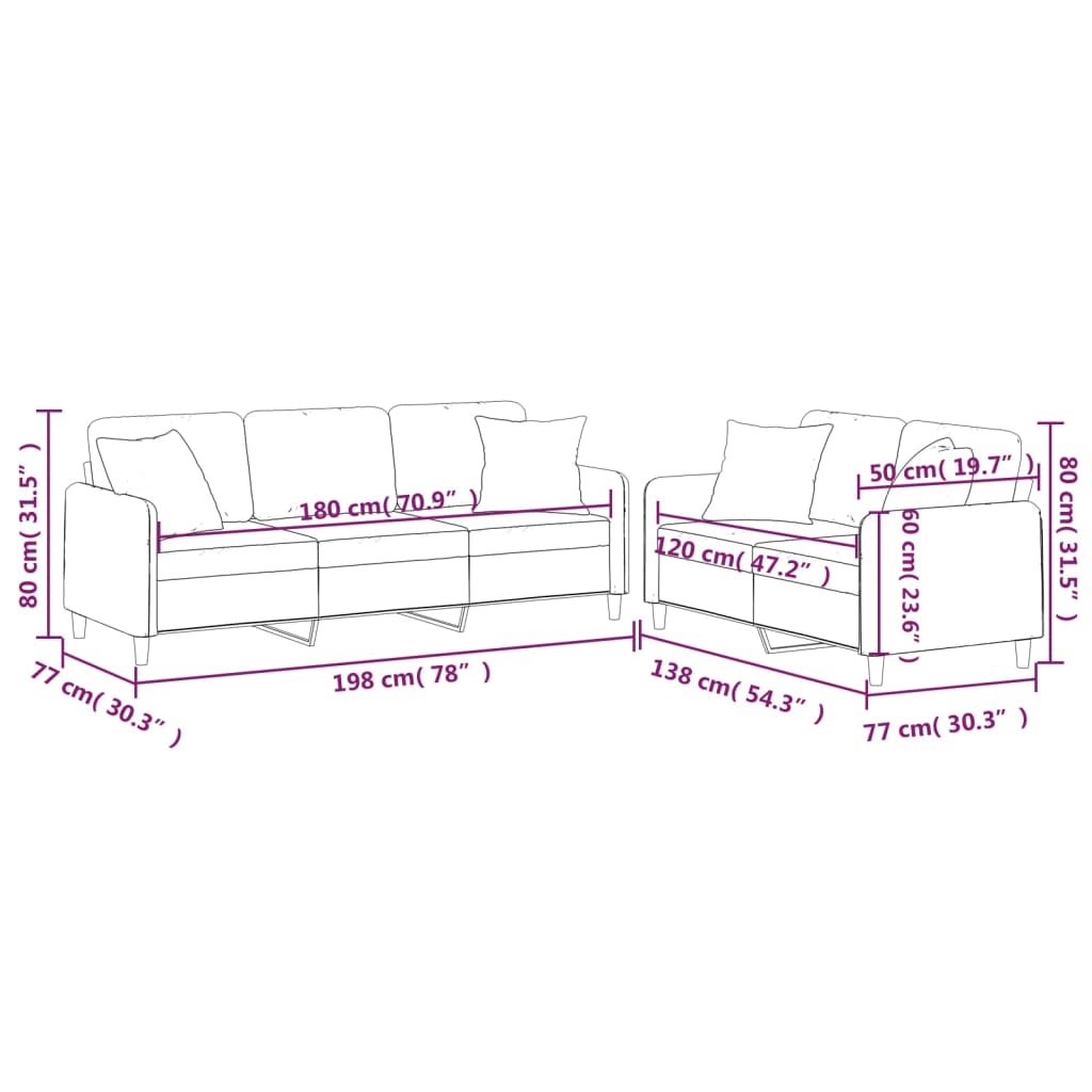 2-dijelni set sofa s jastucima crni od tkanine