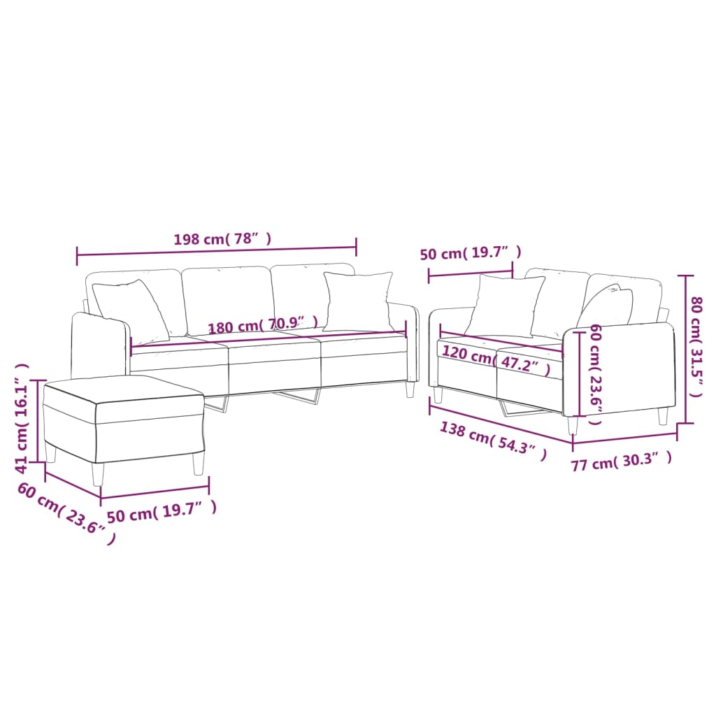 3-dijelni set sofa s jastucima svjetložuti od tkanine