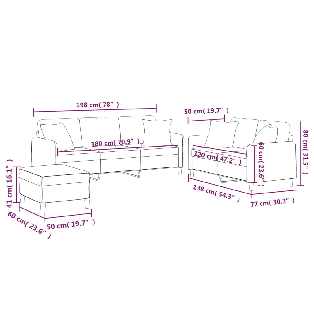 3-dijelni set sofa s jastucima crvena boja vina od tkanine