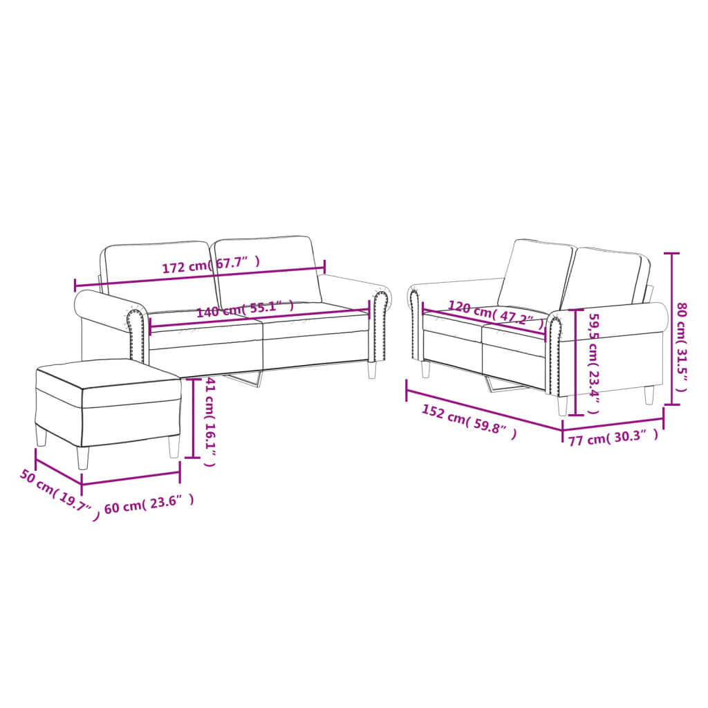 3-dijelni set sofa s jastucima boja vina od umjetne kože