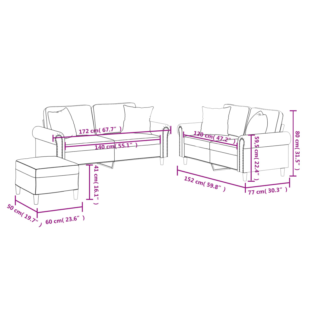 3-dijelni set sofa s jastucima crna od umjetne kože