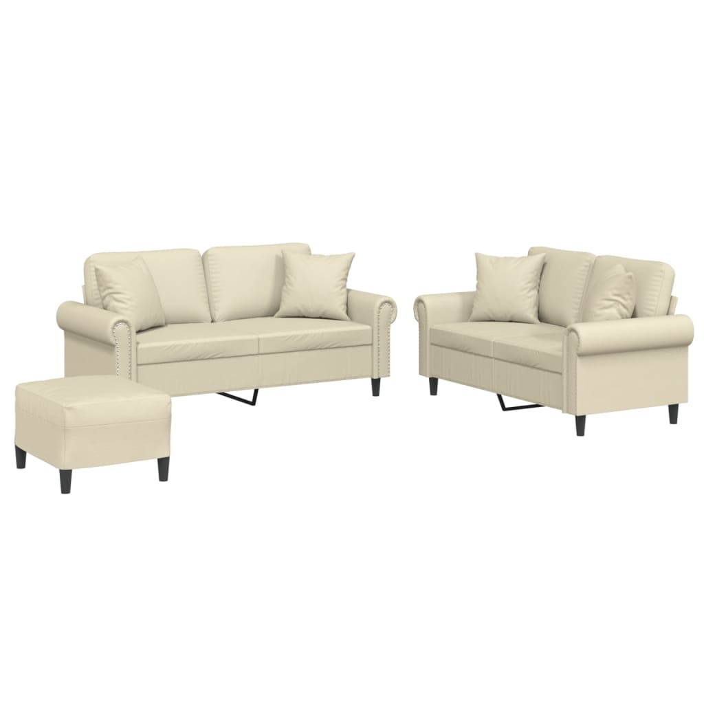 3-dijelni set sofa s jastucima krem od umjetne kože
