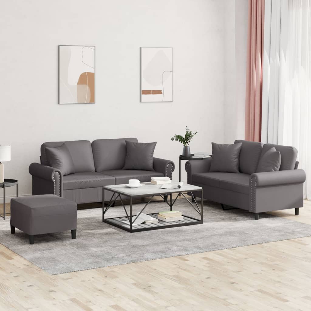3-dijelni set sofa s jastucima sivi od umjetne kože