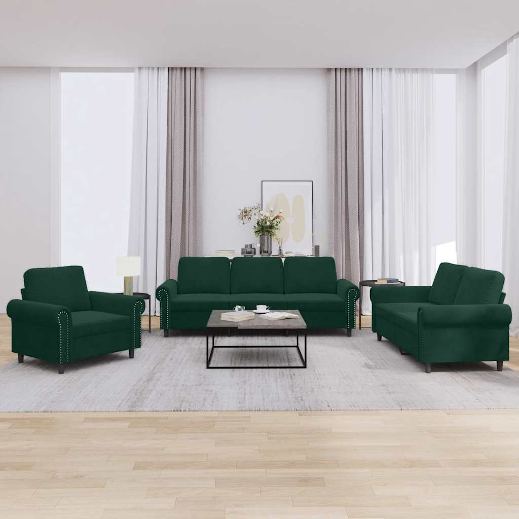 3-dijelni set sofa s jastucima tamnozeleni baršunasti