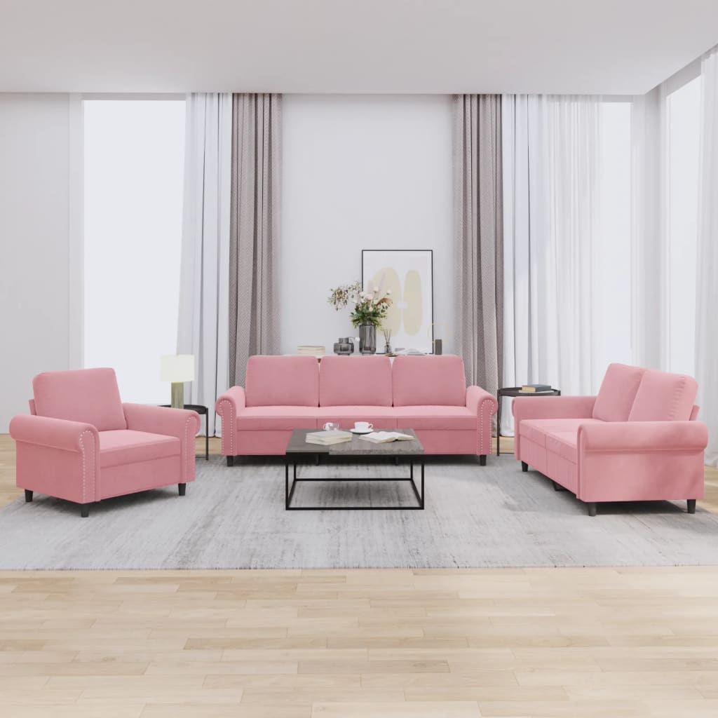 3-dijelni set sofa s jastucima ružičasti baršunasti