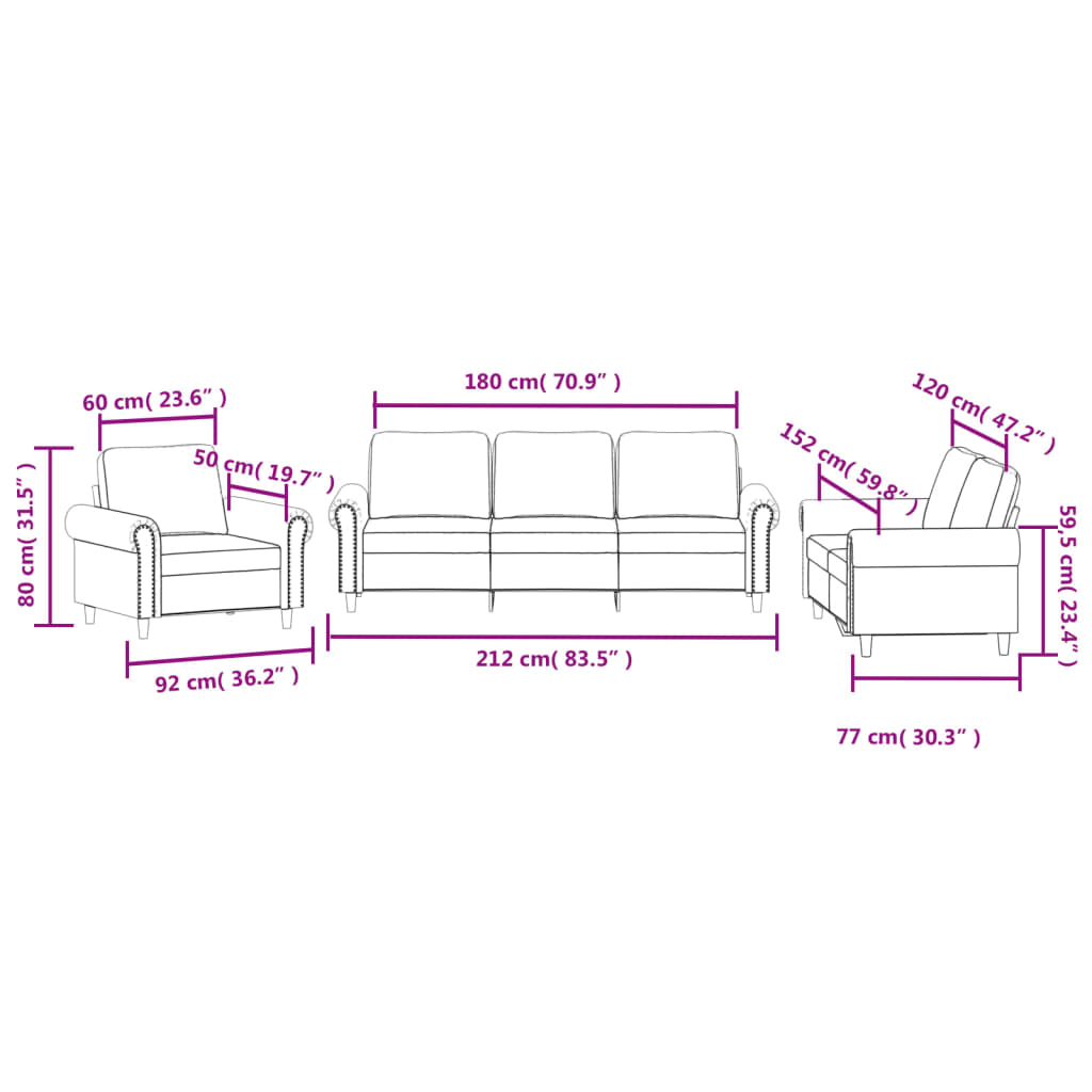 3-dijelni set sofa s jastucima crvena boja vina baršunasti