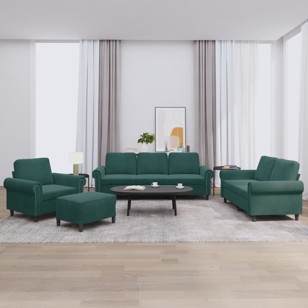 4-dijelni set sofa s jastucima tamnozeleni baršunasti