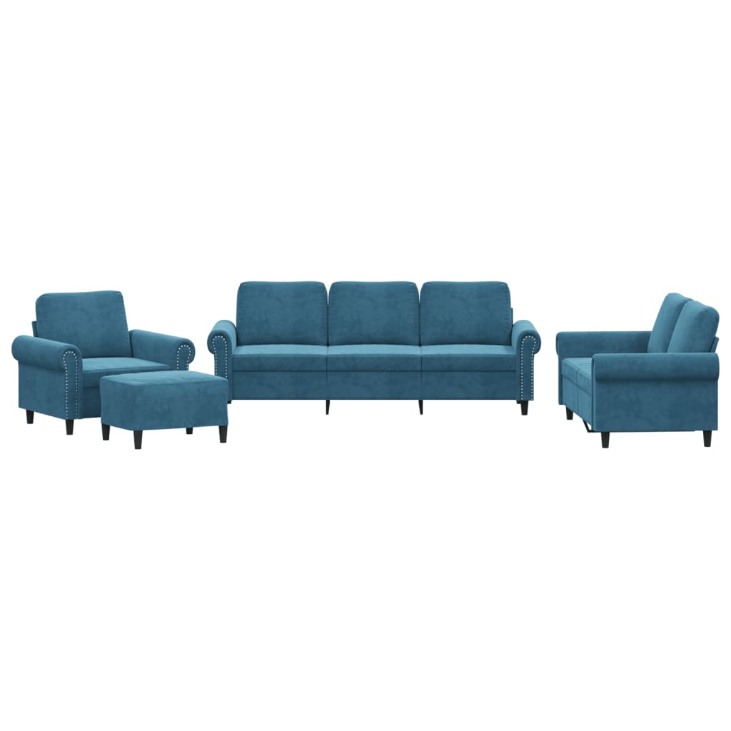4-dijelni set sofa s jastucima plavi baršunasti
