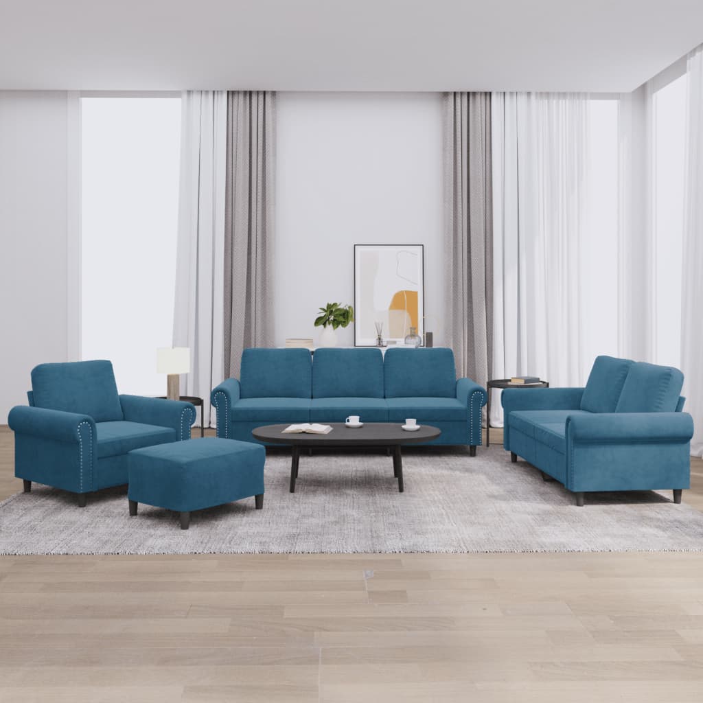 4-dijelni set sofa s jastucima plavi baršunasti