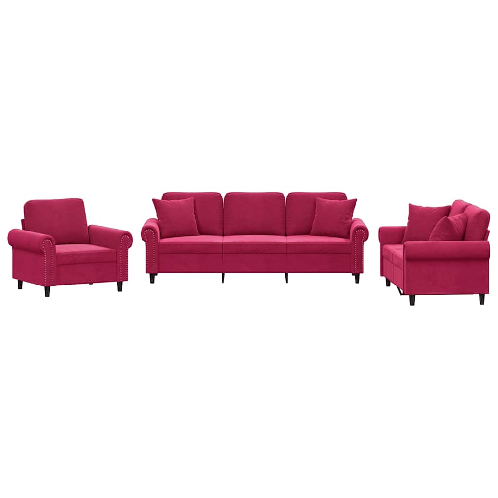 3-dijelni set sofa s jastucima crvena boja vina baršunasti