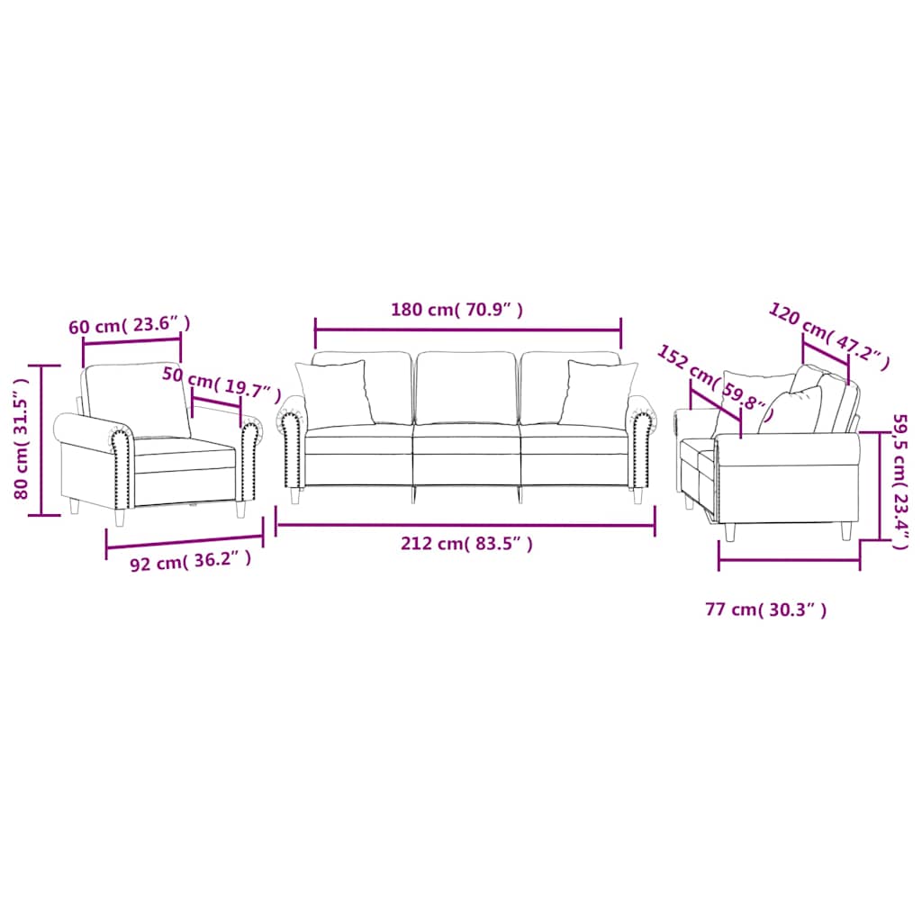 3-dijelni set sofa s jastucima crvena boja vina baršunasti