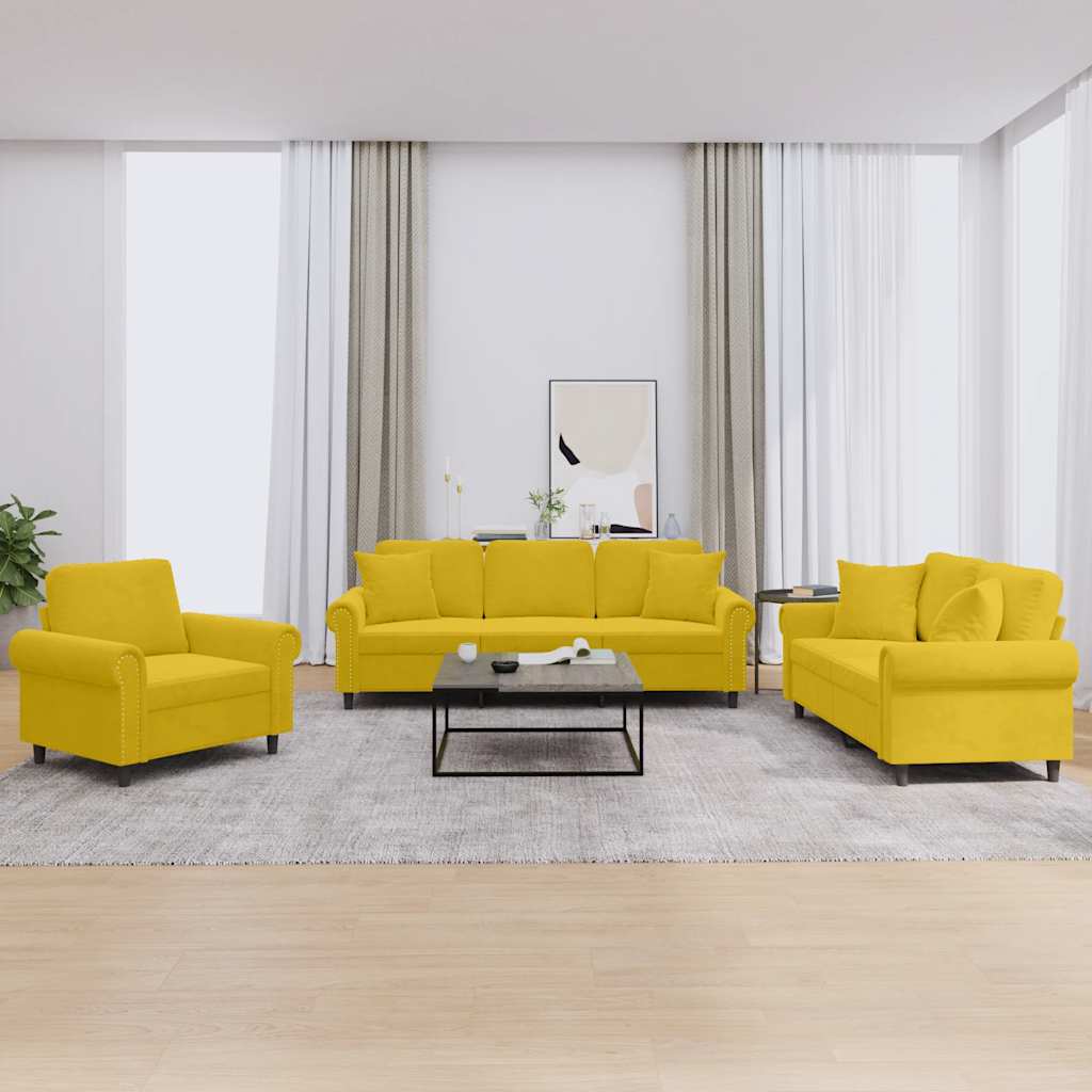 3-dijelni set sofa s jastucima žuti baršunasti