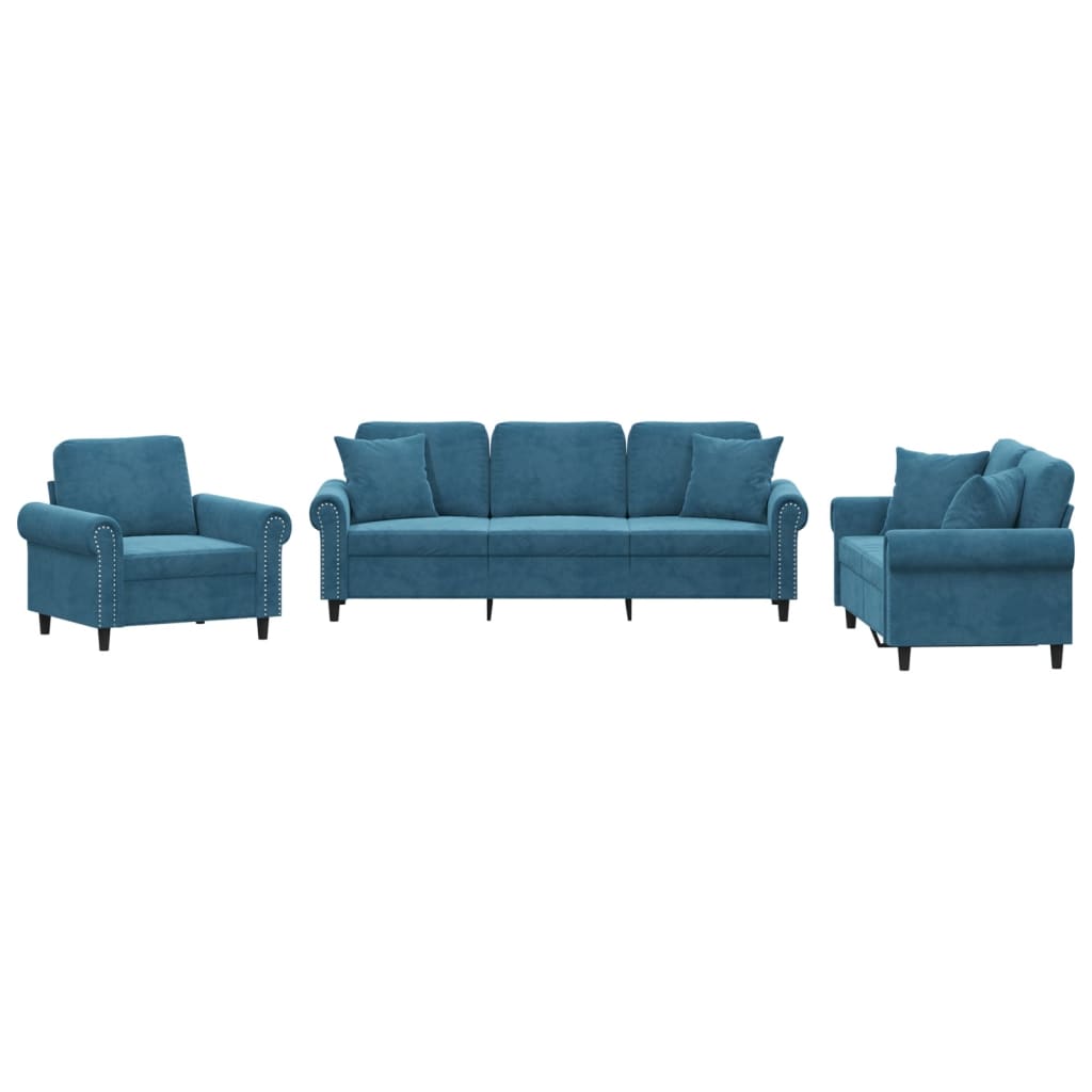 3-dijelni set sofa s jastucima plavi baršunasti