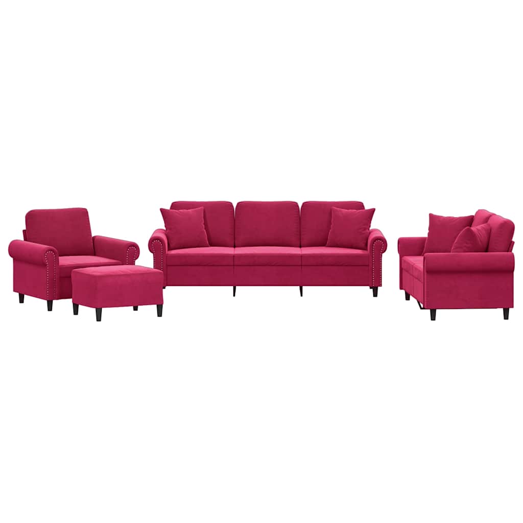 4-dijelni set sofa s jastucima crvena boja vina baršunasti