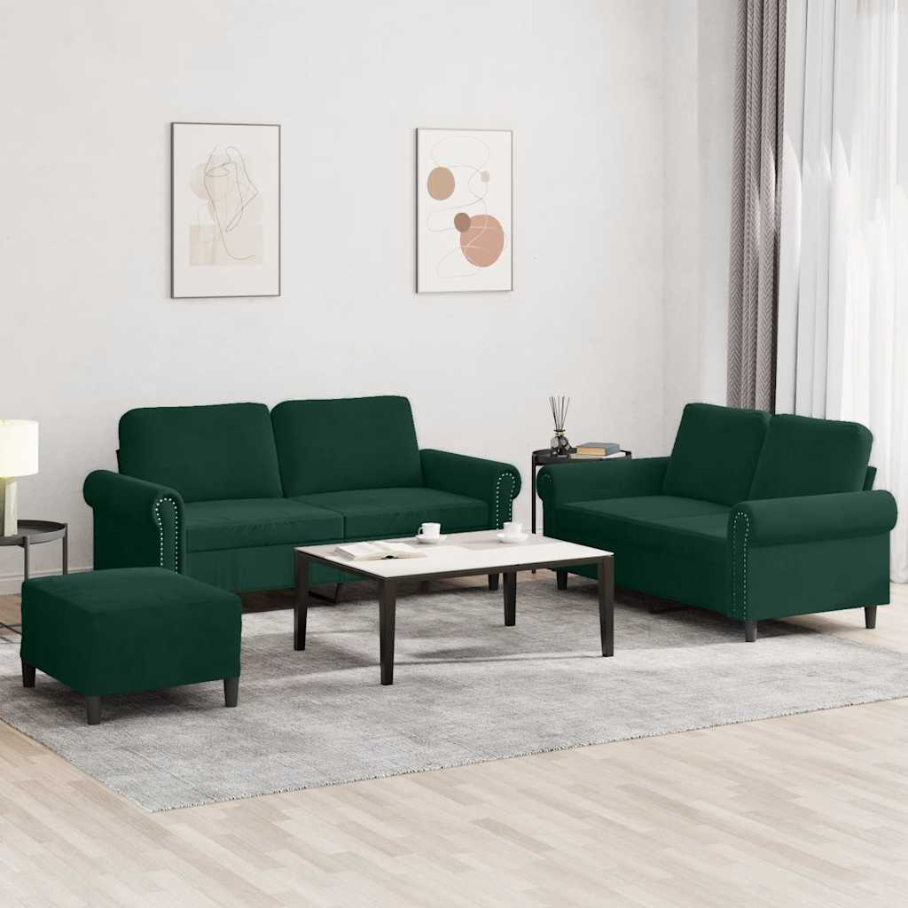 3-dijelni set sofa s jastucima tamnozeleni baršunasti