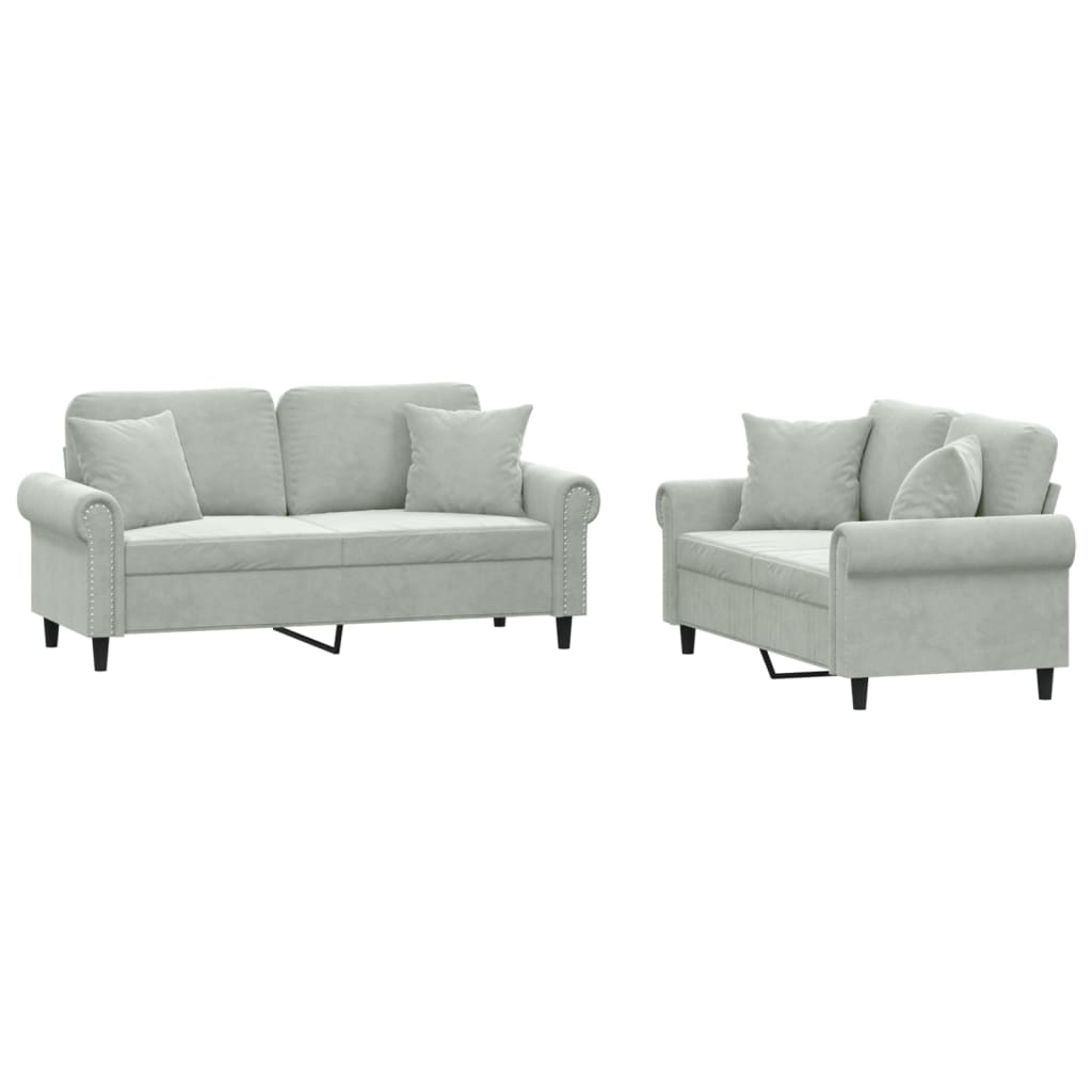 2-dijelni set sofa s jastucima svjetlosivi baršunasti