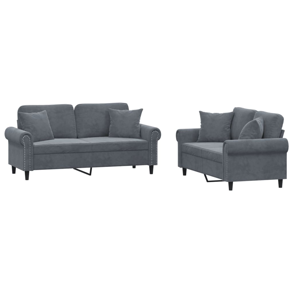 2-dijelni set sofa s jastucima tamnosivi baršunasti