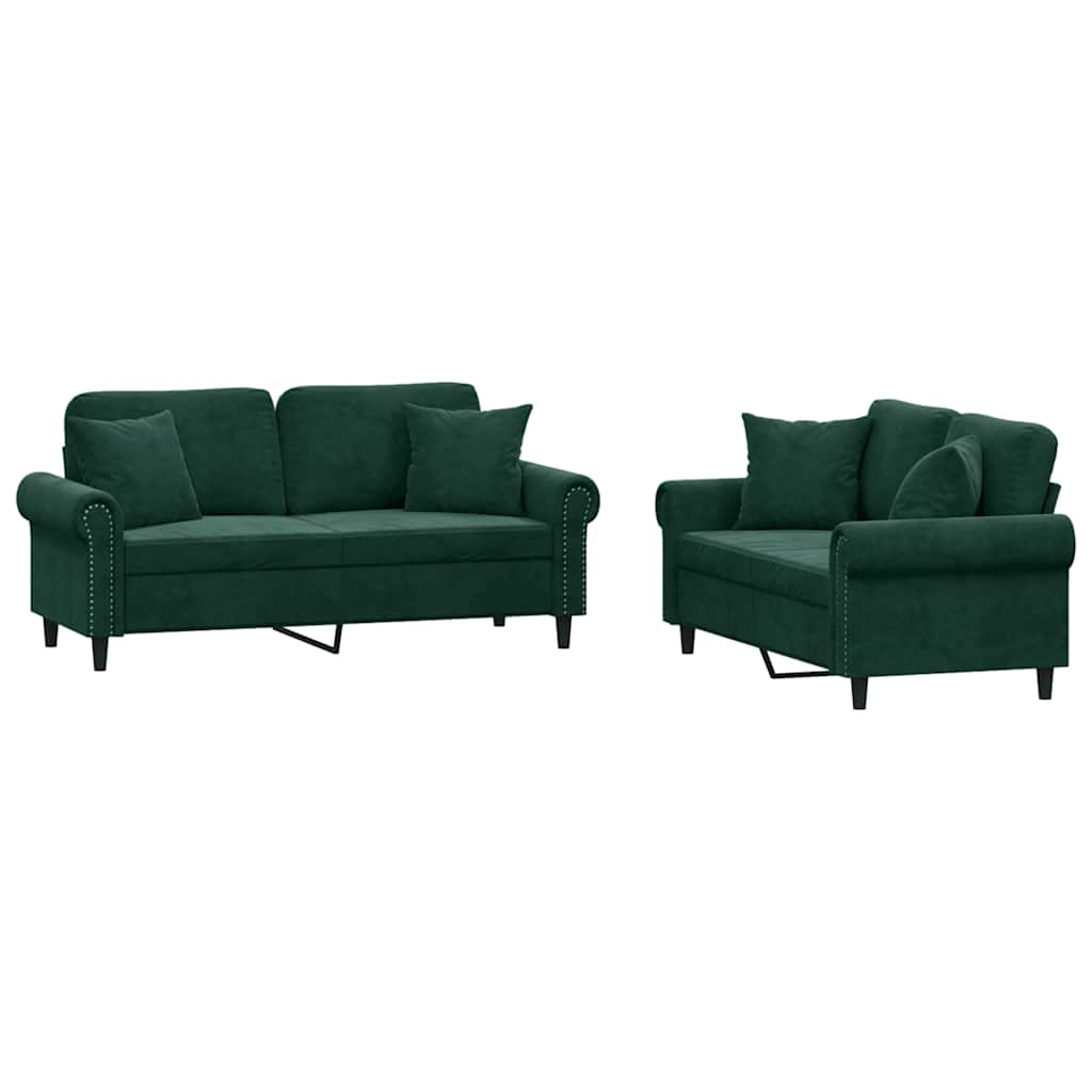 2-dijelni set sofa s jastucima tamnozeleni baršunasti