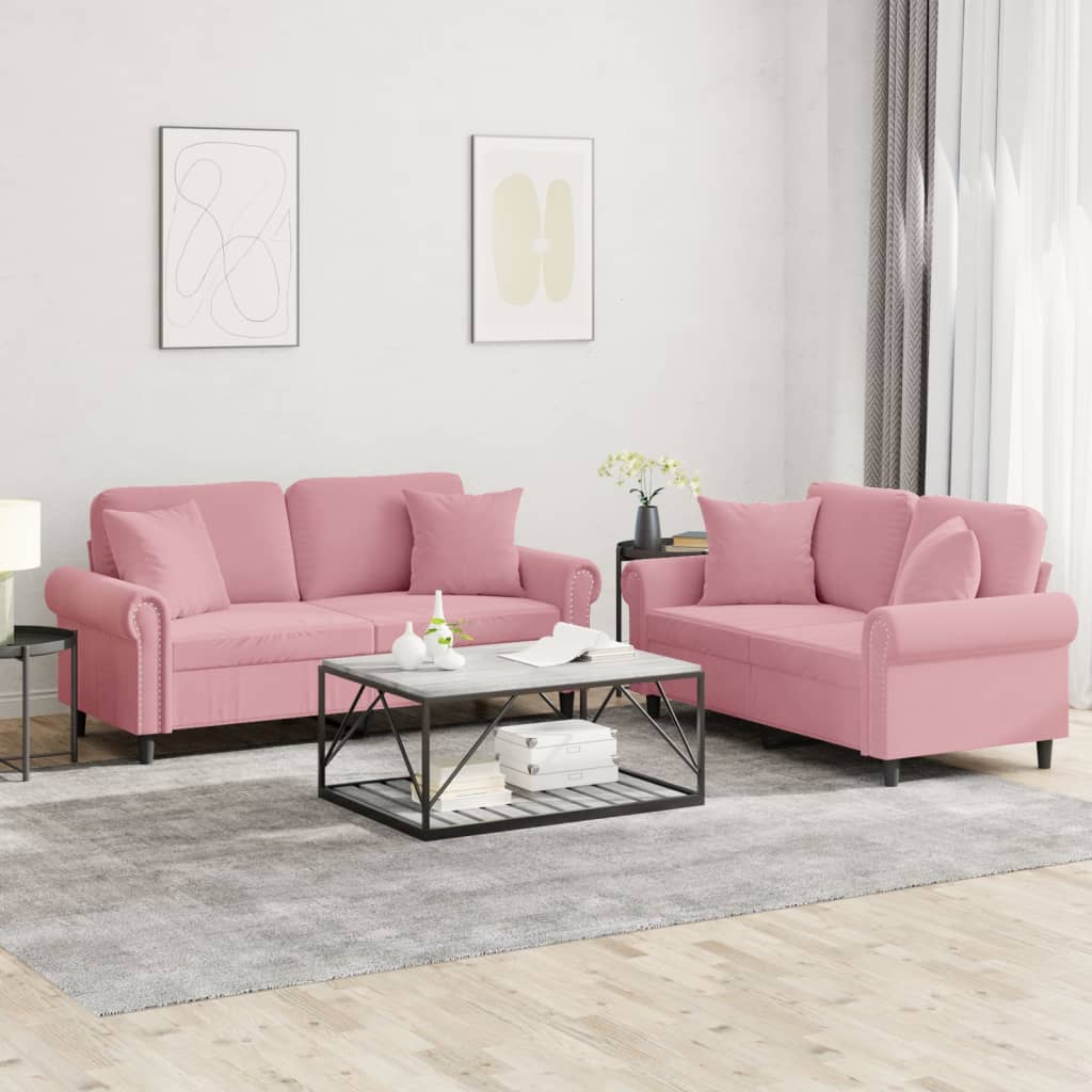 2-dijelni set sofa s jastucima ružičasti baršunasti
