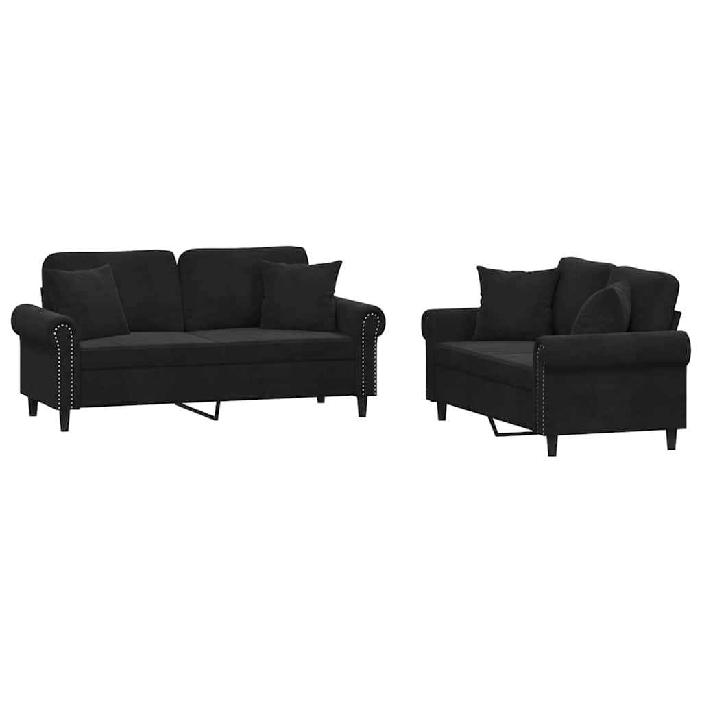 2-dijelni set sofa s jastucima crni baršunasti
