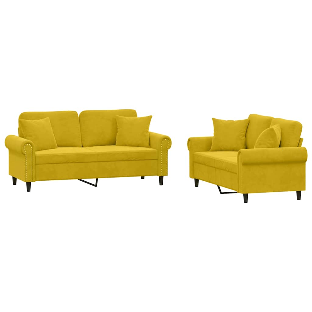 2-dijelni set sofa s jastucima žuti baršunasti