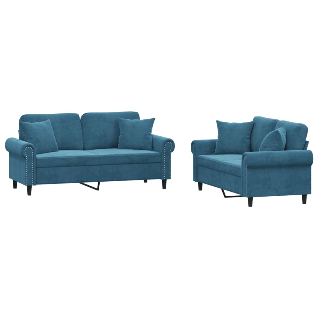 2-dijelni set sofa s jastucima plavi baršunasti