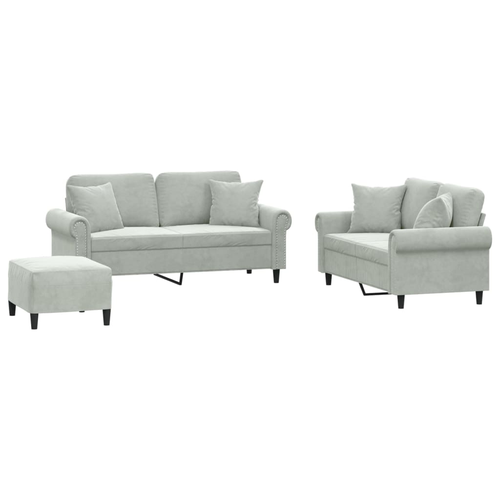 3-dijelni set sofa s jastucima svjetlosivi baršunasti