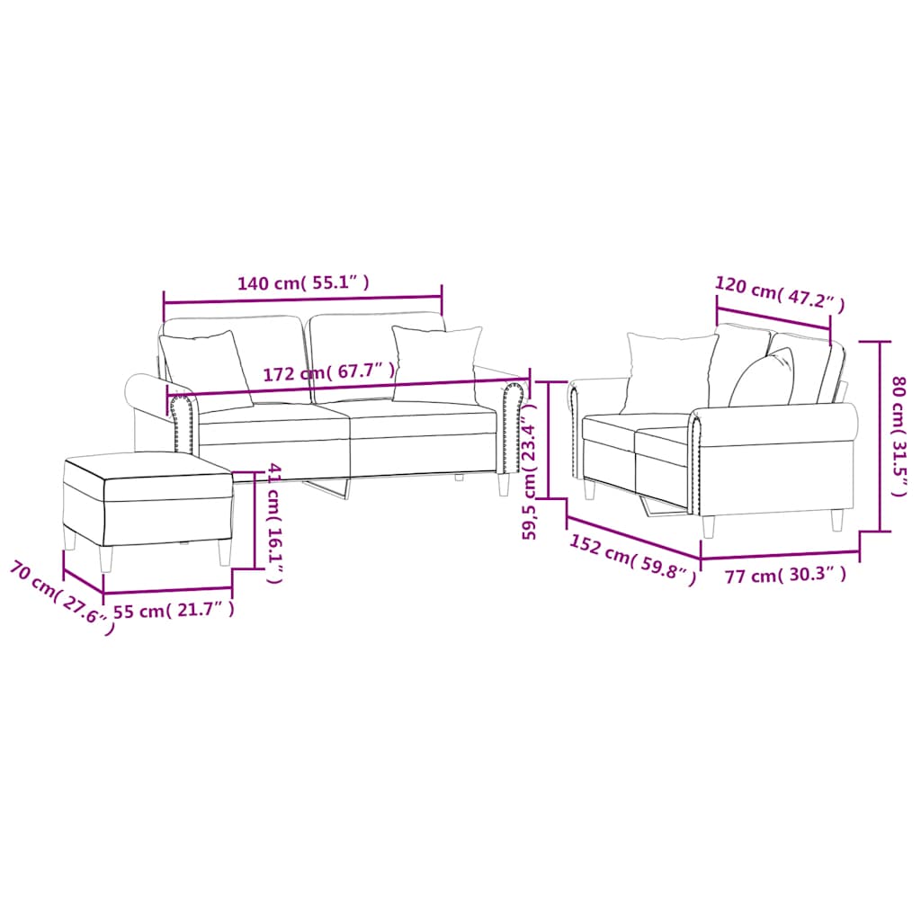 3-dijelni set sofa s jastucima crvena boja vina baršunasti