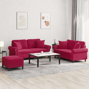 3-dijelni set sofa s jastucima crvena boja vina baršunasti