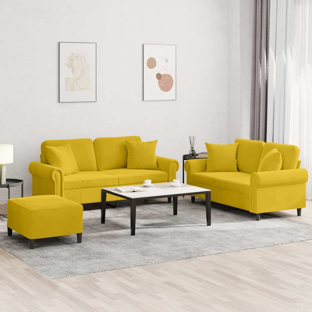 3-dijelni set sofa s jastucima žuti baršunasti