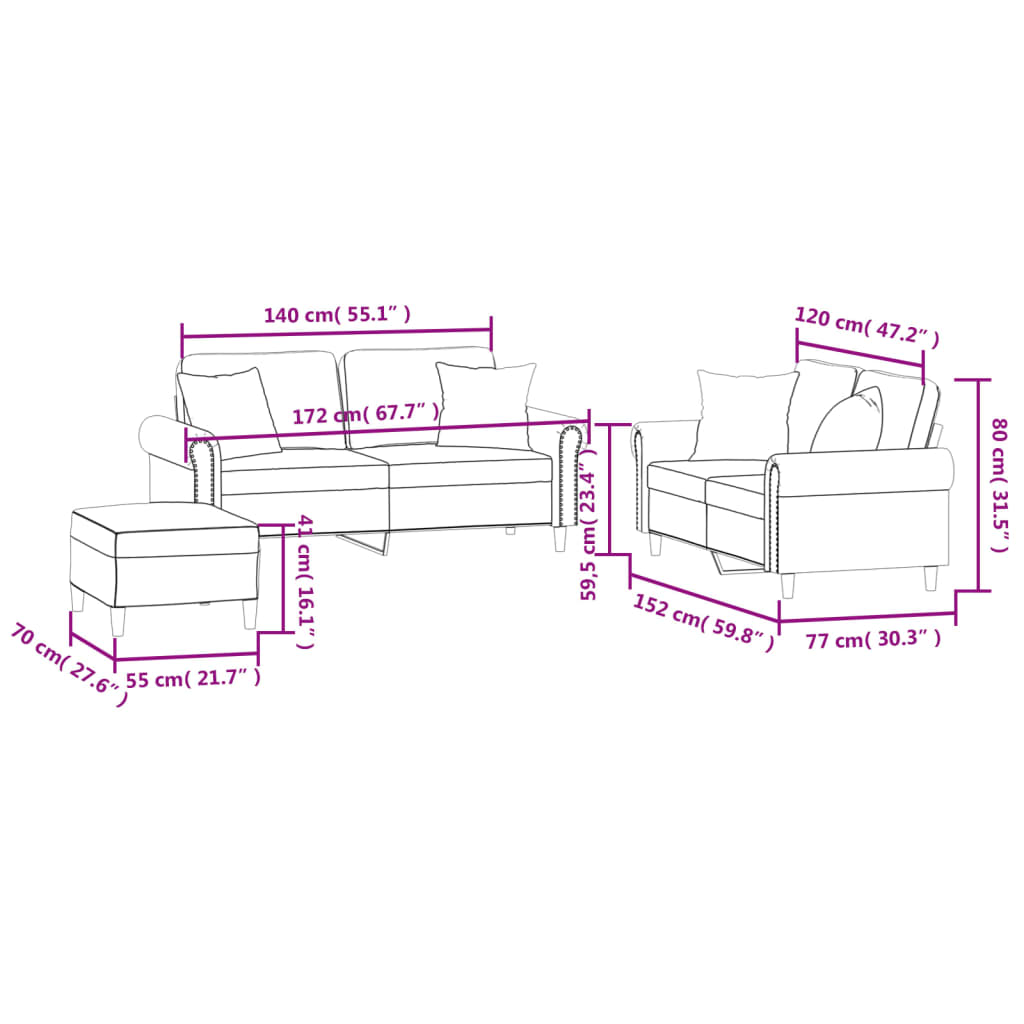 3-dijelni set sofa s jastucima krem baršunasti
