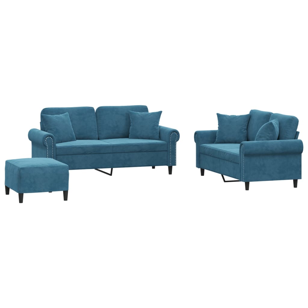 3-dijelni set sofa s jastucima plavi baršunasti
