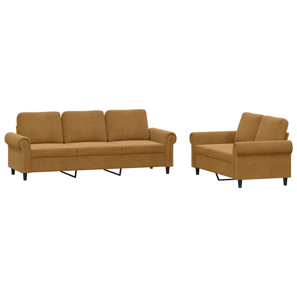 2-dijelni set sofa s jastucima smeđi baršunasti