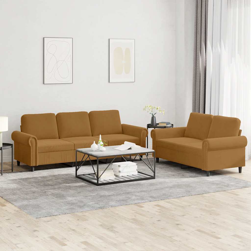 2-dijelni set sofa s jastucima smeđi baršunasti