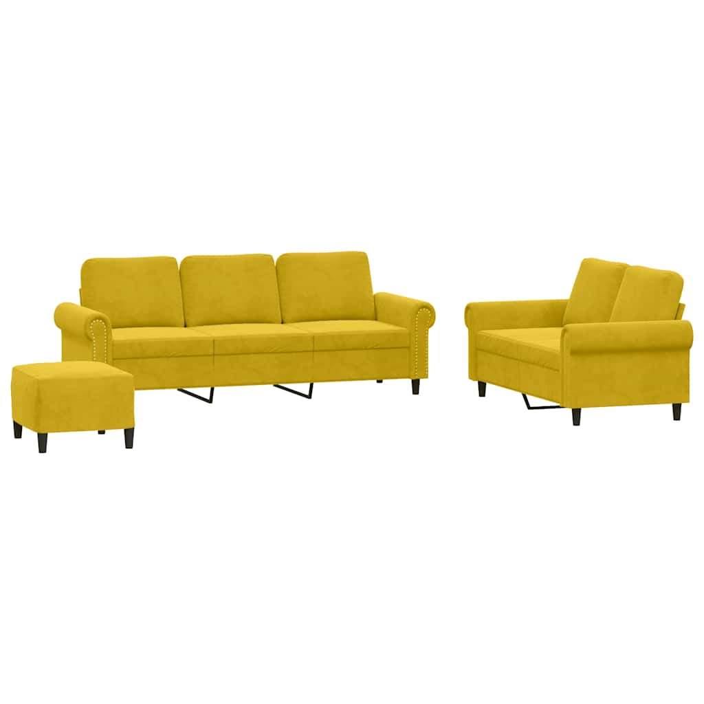 3-dijelni set sofa s jastucima žuti baršunasti