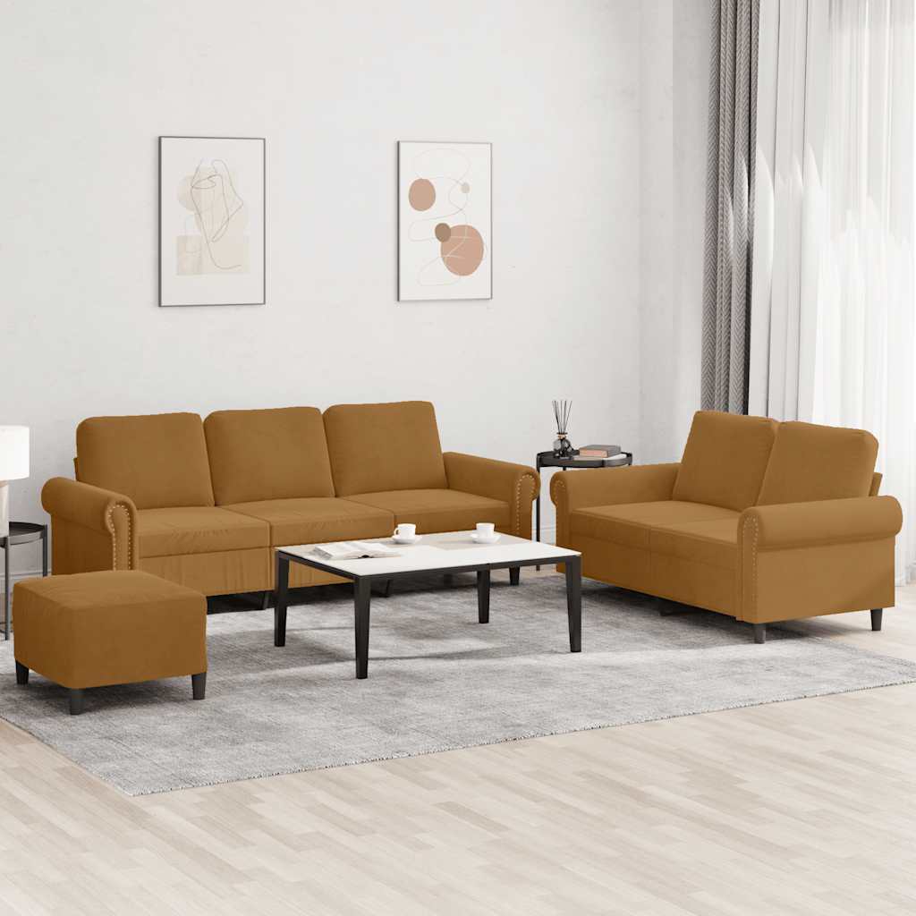 3-dijelni set sofa s jastucima smeđi baršunasti
