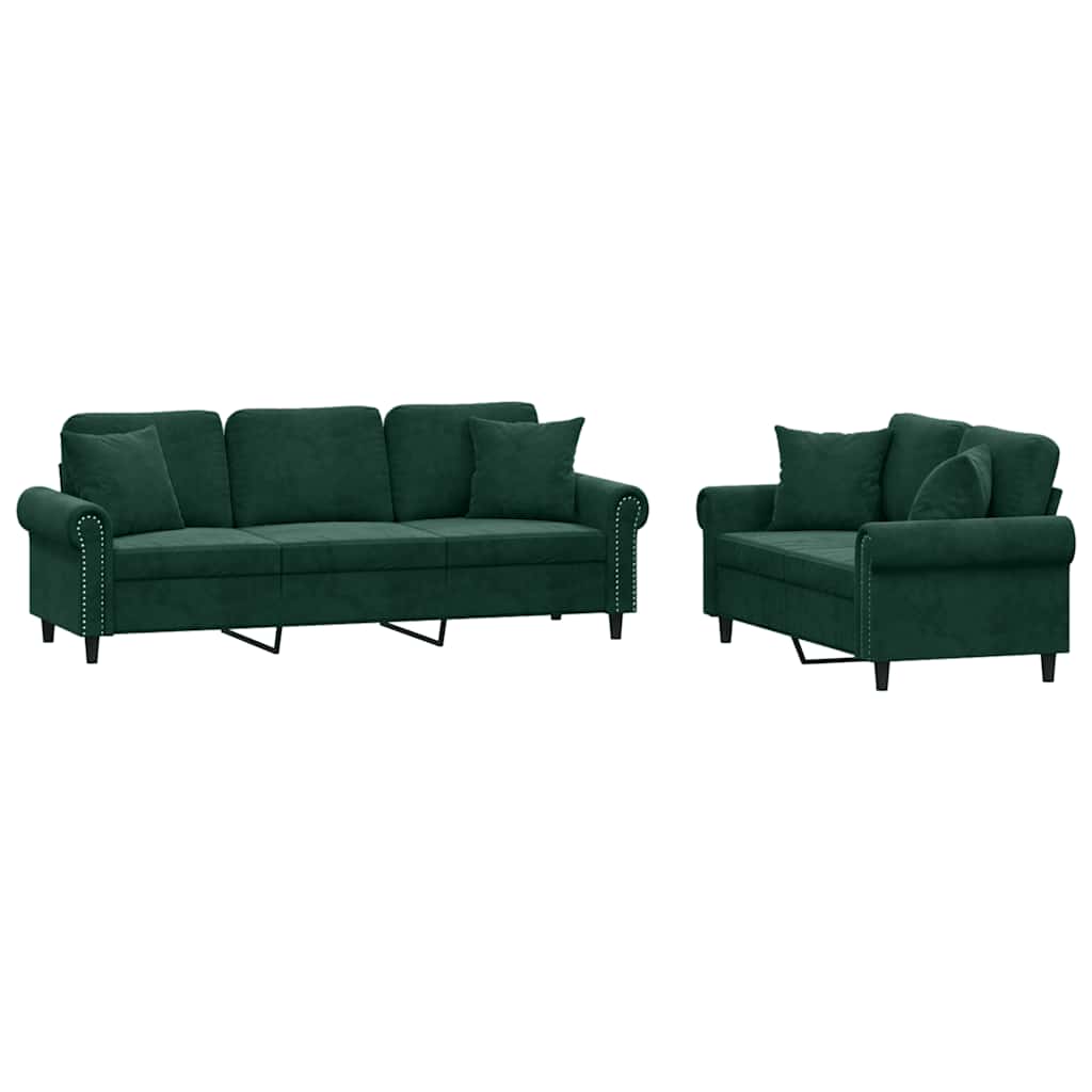 2-dijelni set sofa s jastucima tamnozeleni baršunasti